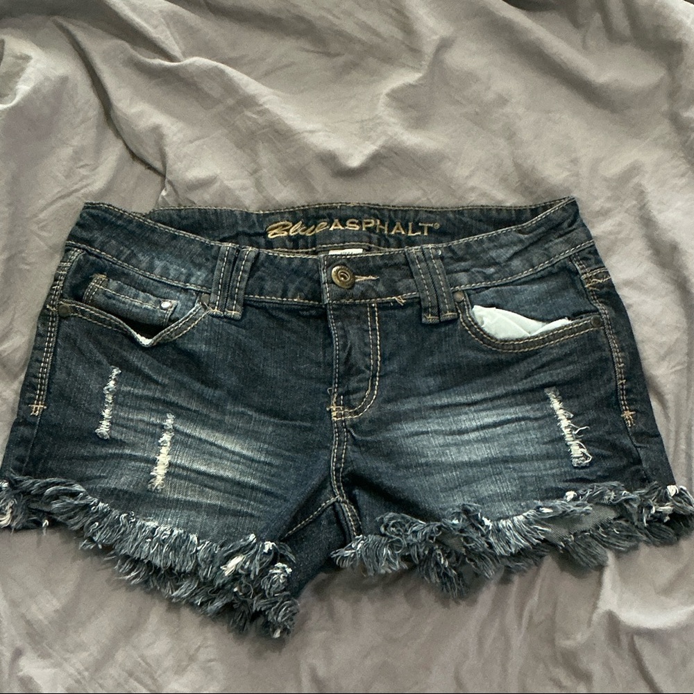 Blue Asphalt Dark Wash Frayed Jean Shorts
